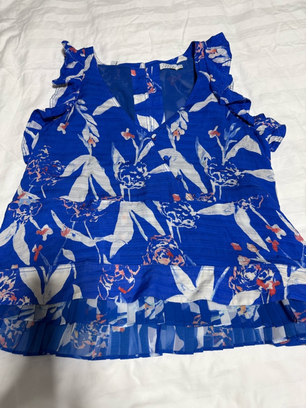 Tanya Taylor Cobalt Blue Floral Ruffle Peplum Blouse